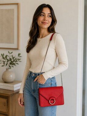 Vibrant Orange Leather Shoulder Bag with Silver Ring Accent & Chain Strap